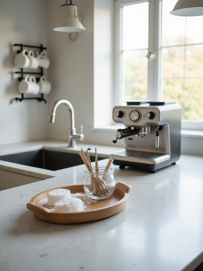 A well-organized kitchen countertop featuring a dedicated coffee station with an espresso machine and decorative elements.