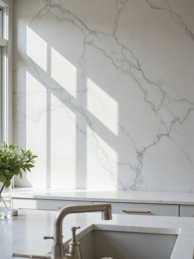 Modern kitchen with large-format quartz slab backsplash extending seamlessly from countertop to ceiling.