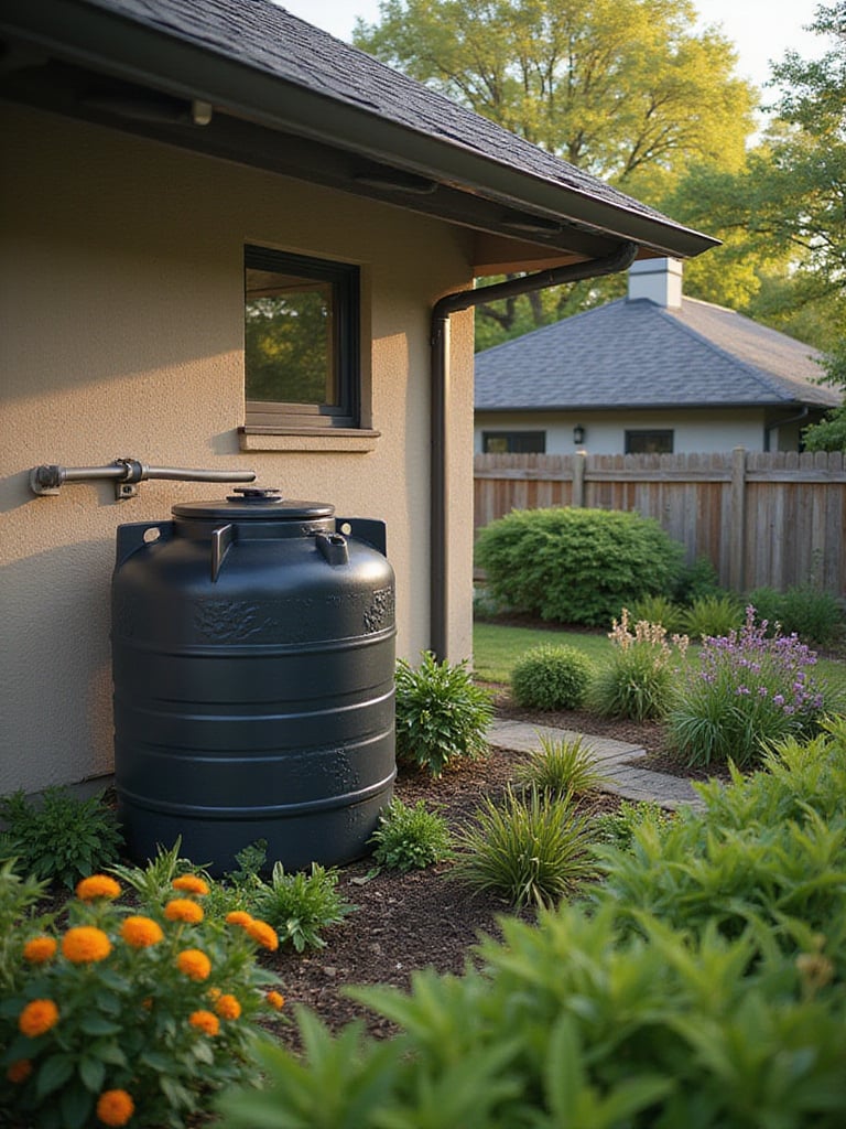 Rainwater harvesting system in a landscaped backyard with a decorative storage tank and gutter system.