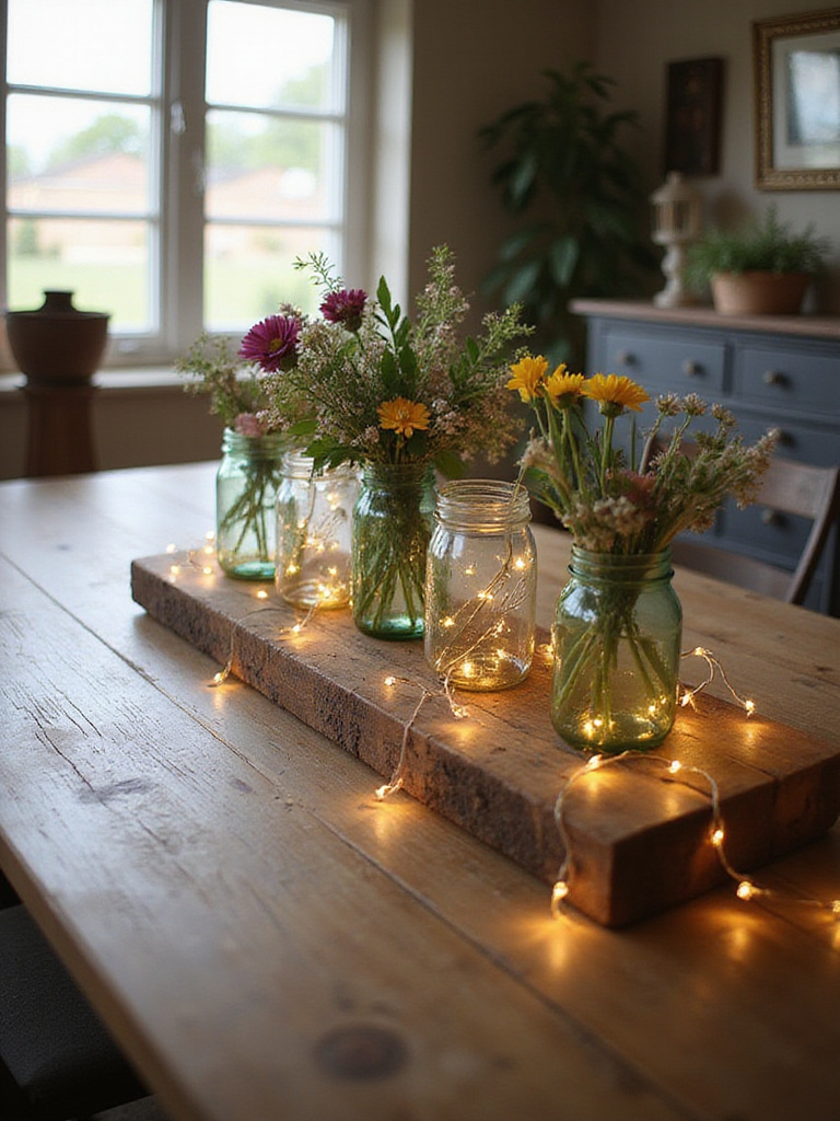 Rustic dining room table with DIY decor featuring Mason jars and reclaimed wood centerpiece.