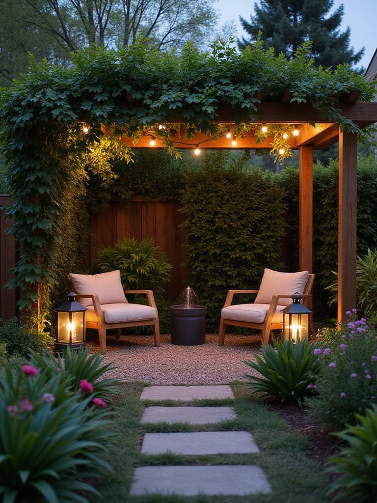 Private seating nook in a lush backyard with comfortable chairs and ambient lighting