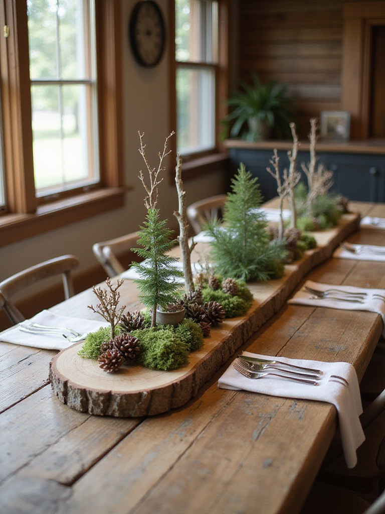 A rustic dining table with a natural centerpiece made of wood and natural elements.
