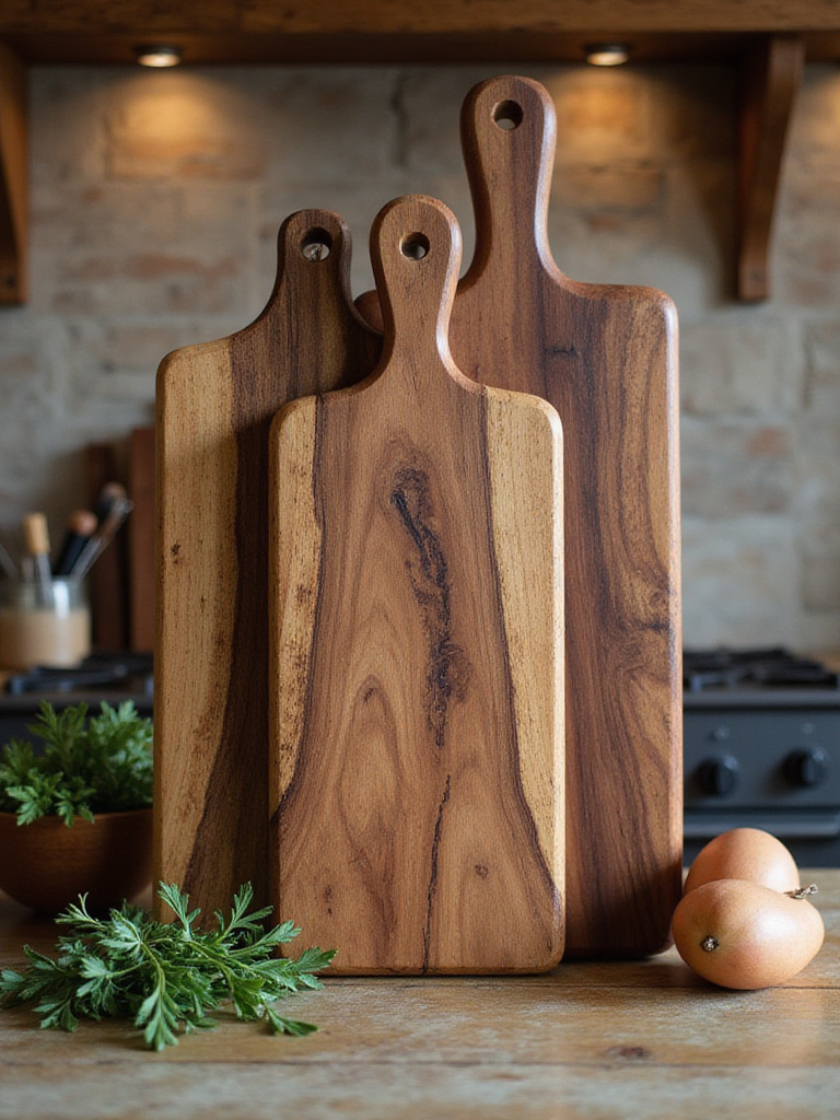 Stylish kitchen countertop with lean decorative cutting boards made from rich woods.