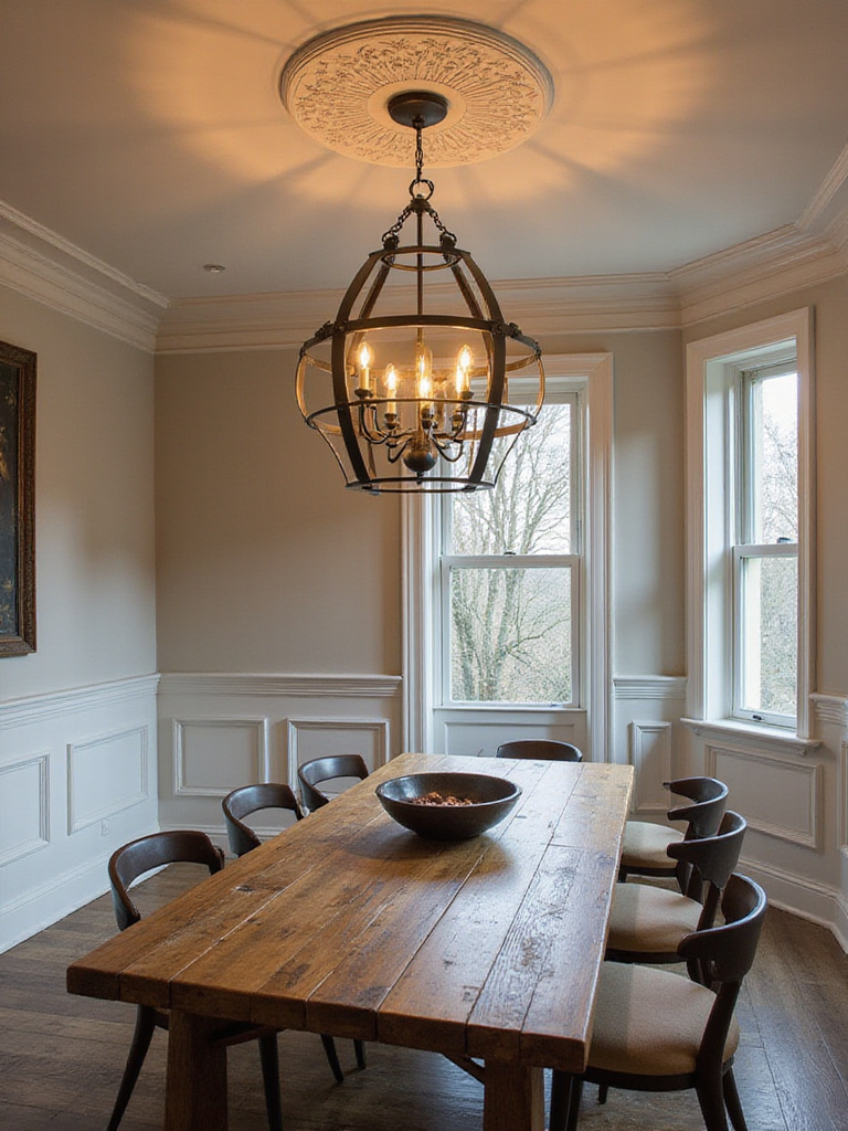 A contemporary dining room featuring a unique blackened steel chandelier above a rustic wooden table.