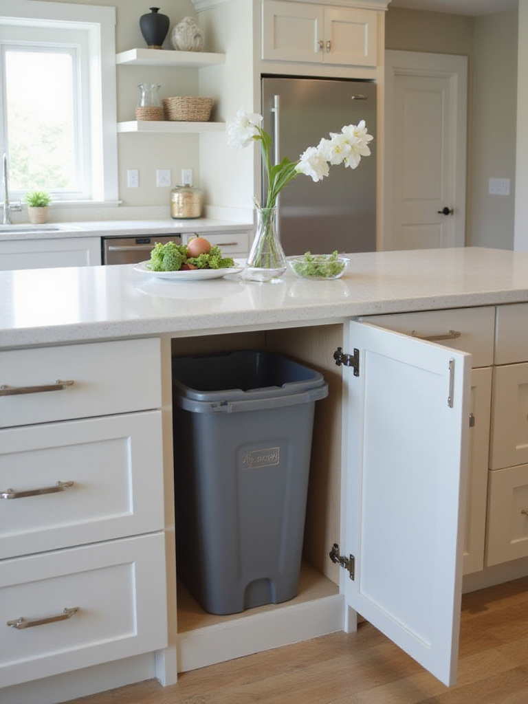 A modern kitchen island with a concealed compost bin integrated into the cabinetry.