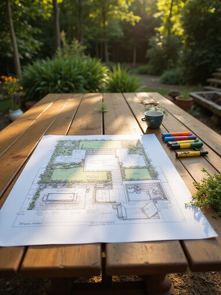 A backyard layout plan on a wooden table surrounded by gardening tools and plants