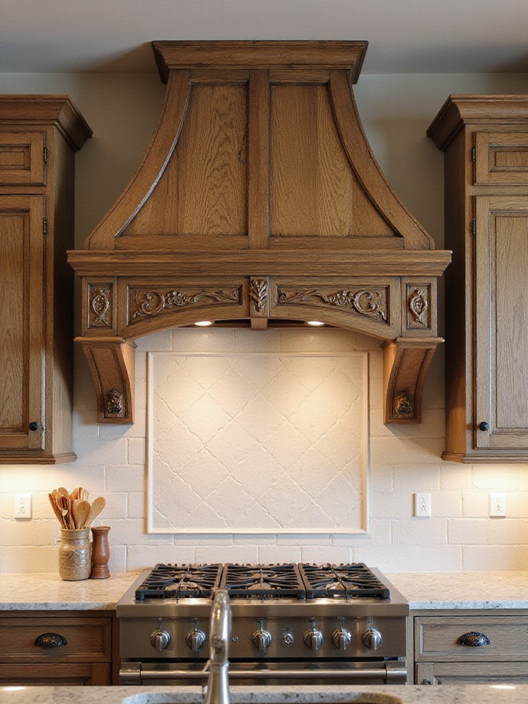 Custom wood range hood in a farmhouse kitchen, showcasing rustic charm and elegant design.