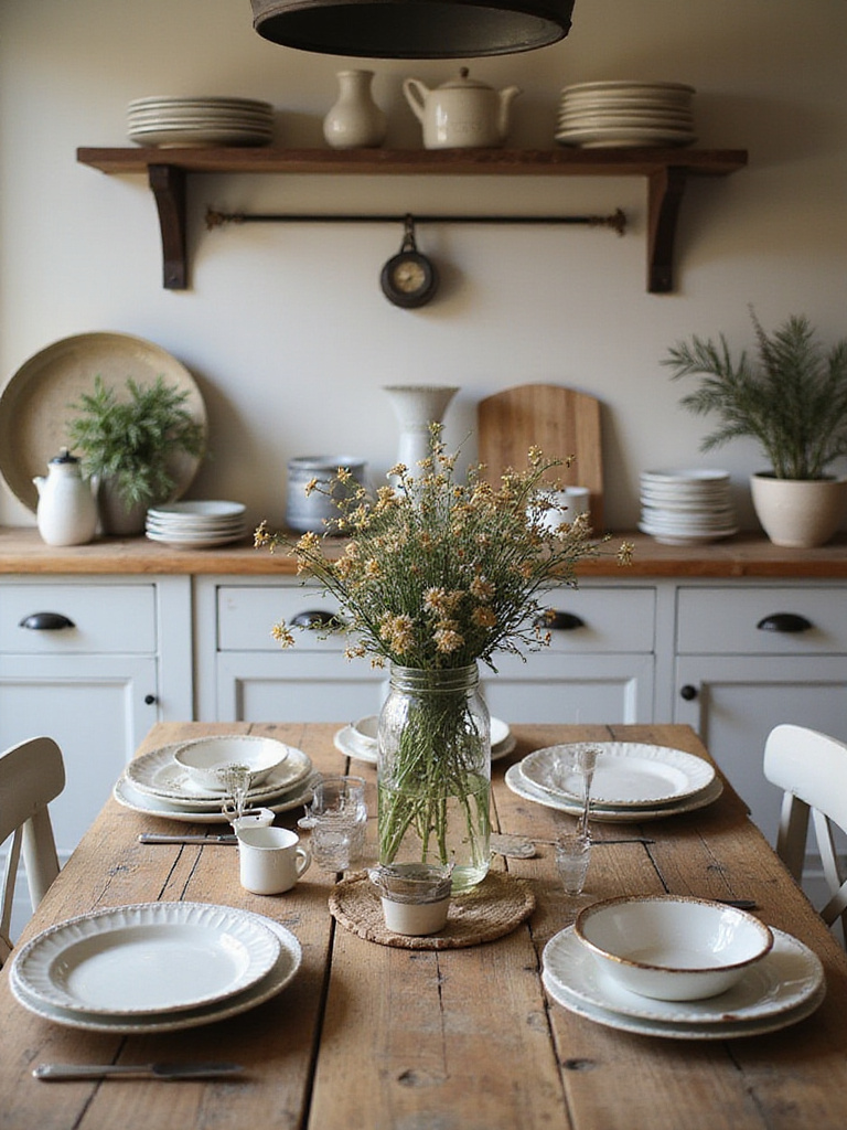 A curated farmhouse kitchen with rustic decor elements and warm lighting