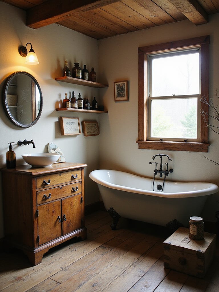 Rustic bathroom featuring vintage finds and antique decor pieces