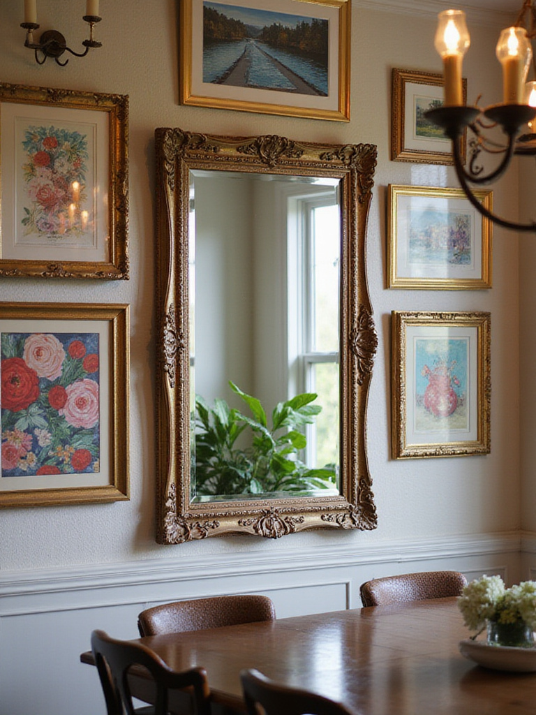 Curated wall art and mirrors in a dining room, showcasing visual interest and personality.