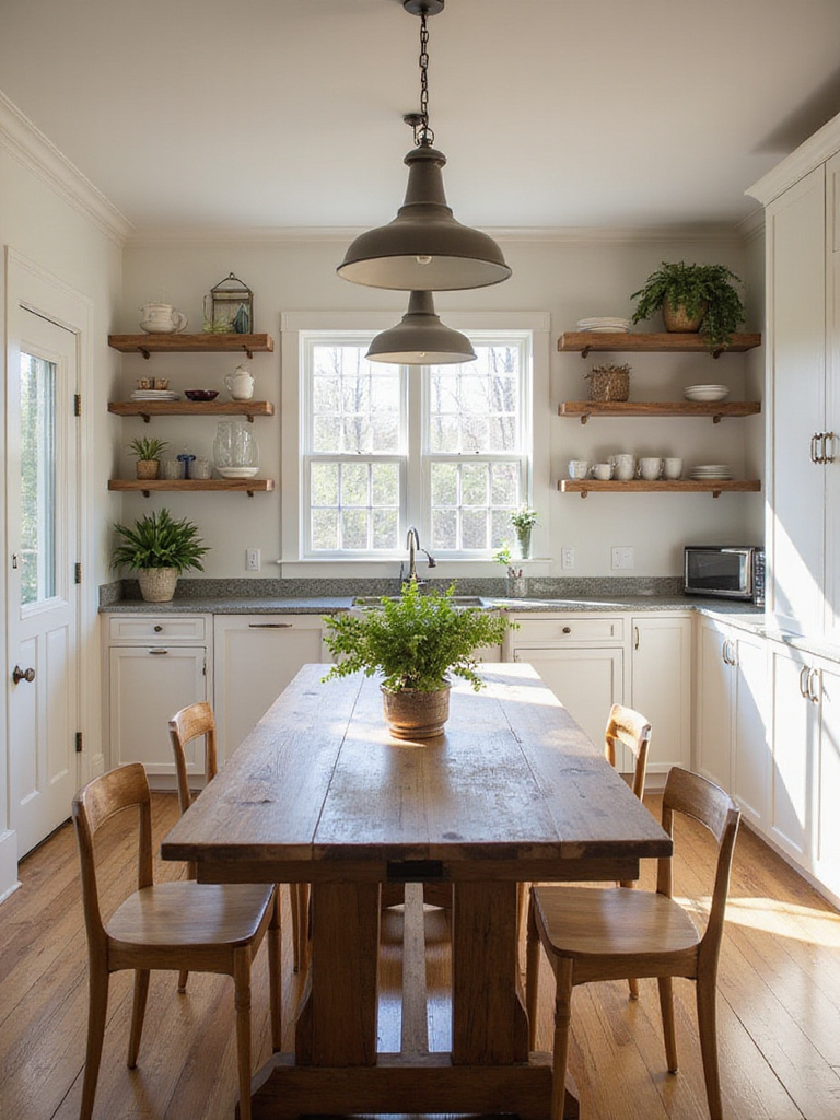 A remodeled farmhouse kitchen with a rustic wooden dining table and elegant lighting, highlighting DIY and professional renovations.