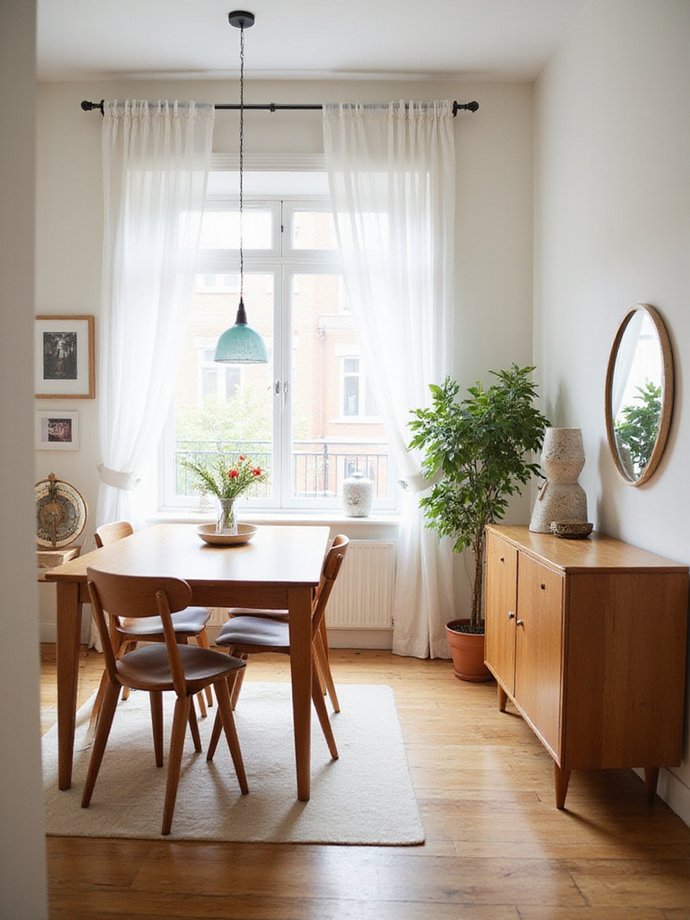 A serene small dining room with a clear table and organized sideboard, showcasing the effects of decluttering.