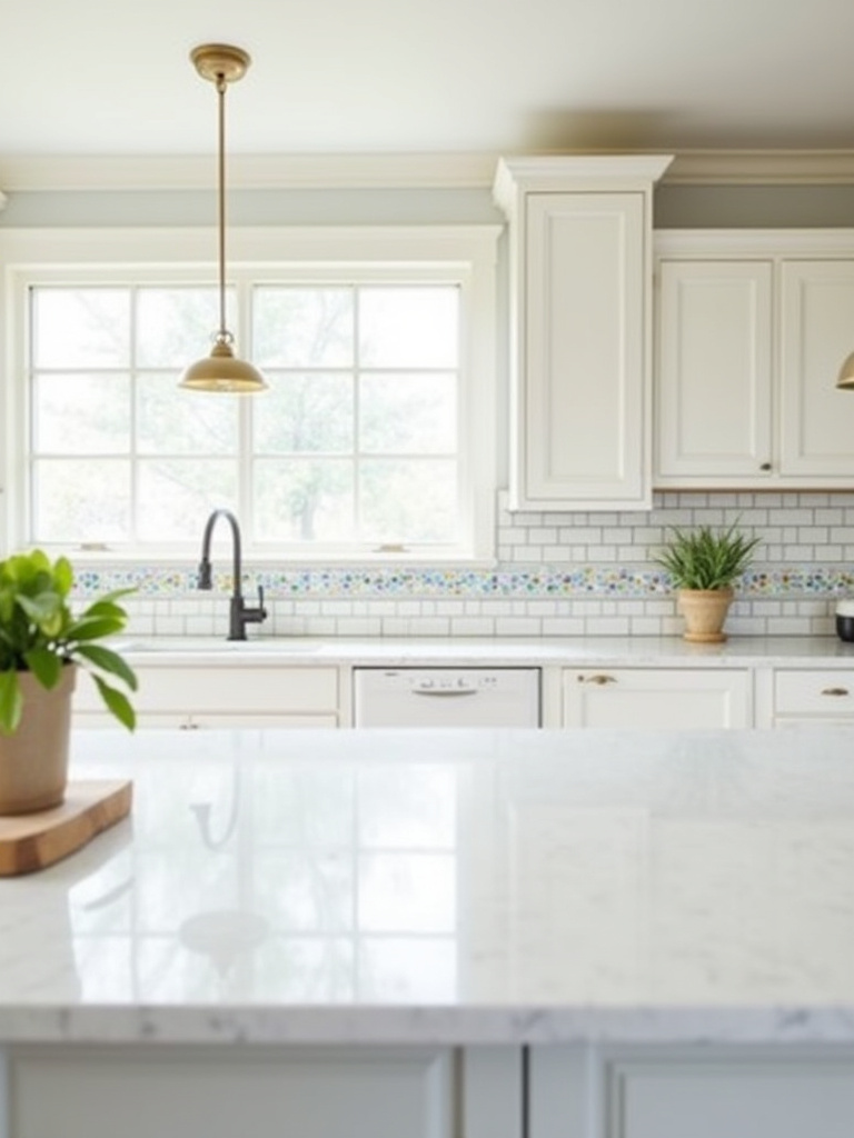 A bright kitchen featuring a decorative tile border around the backsplash with iridescent glass mosaic tiles.