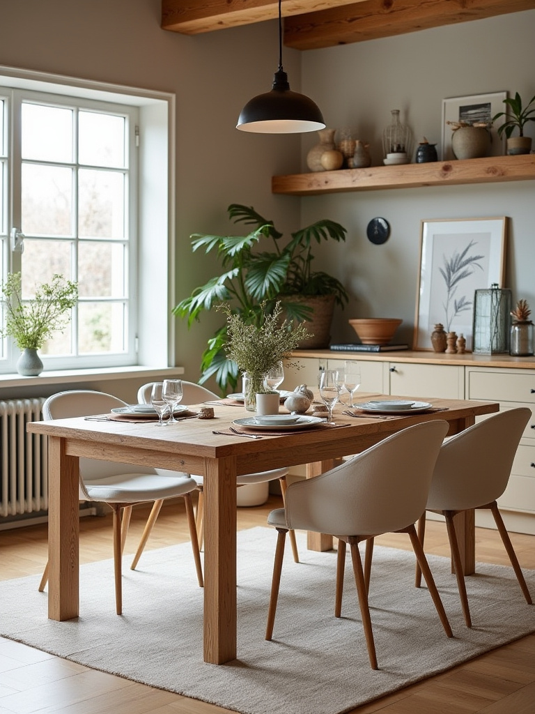 A beautifully styled dining room with rustic and modern elements, featuring an oak table and Scandinavian chairs.