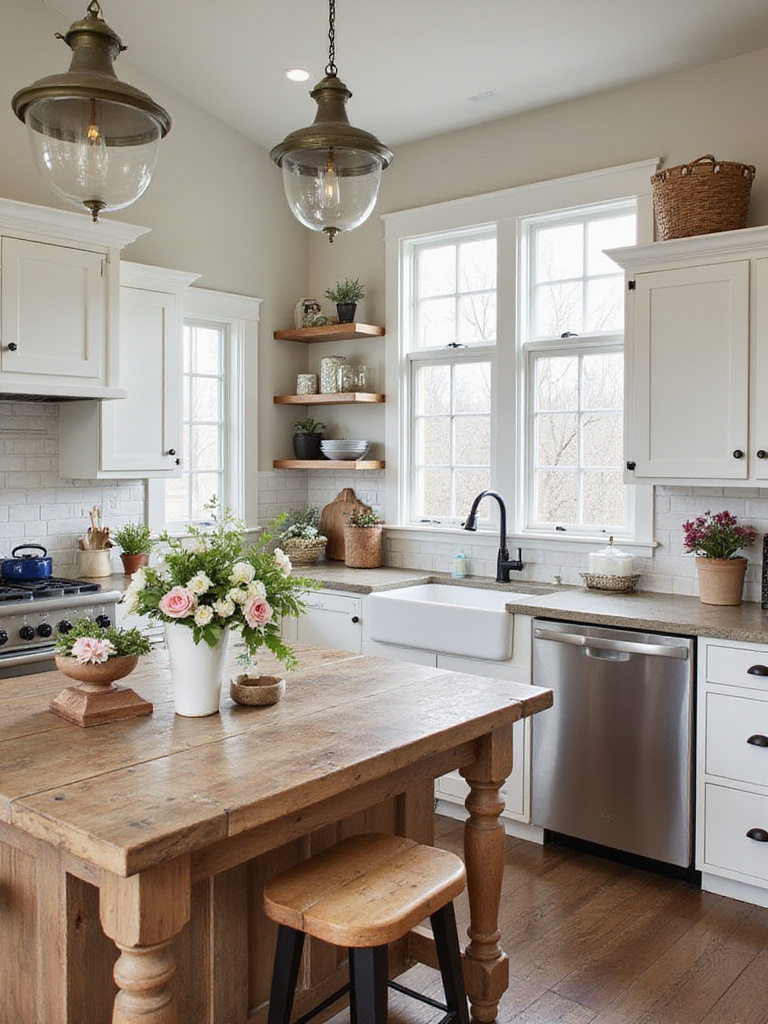 A charming farmhouse kitchen with rustic, modern, and classic elements.