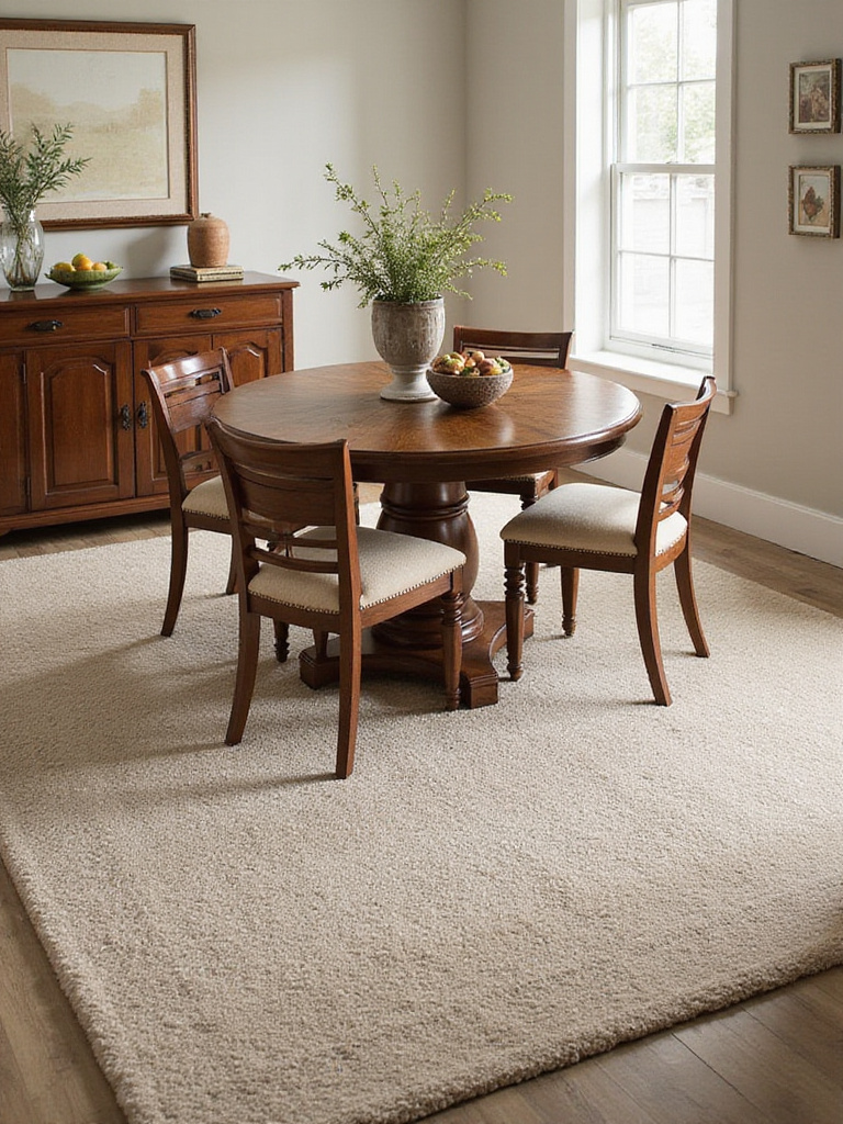 A small dining area with a round table on a textured area rug creating a defined dining zone.