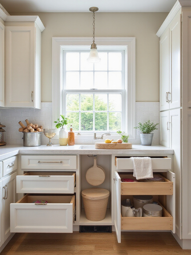 Space-saving kitchen design with innovative cabinetry and organized storage solutions.