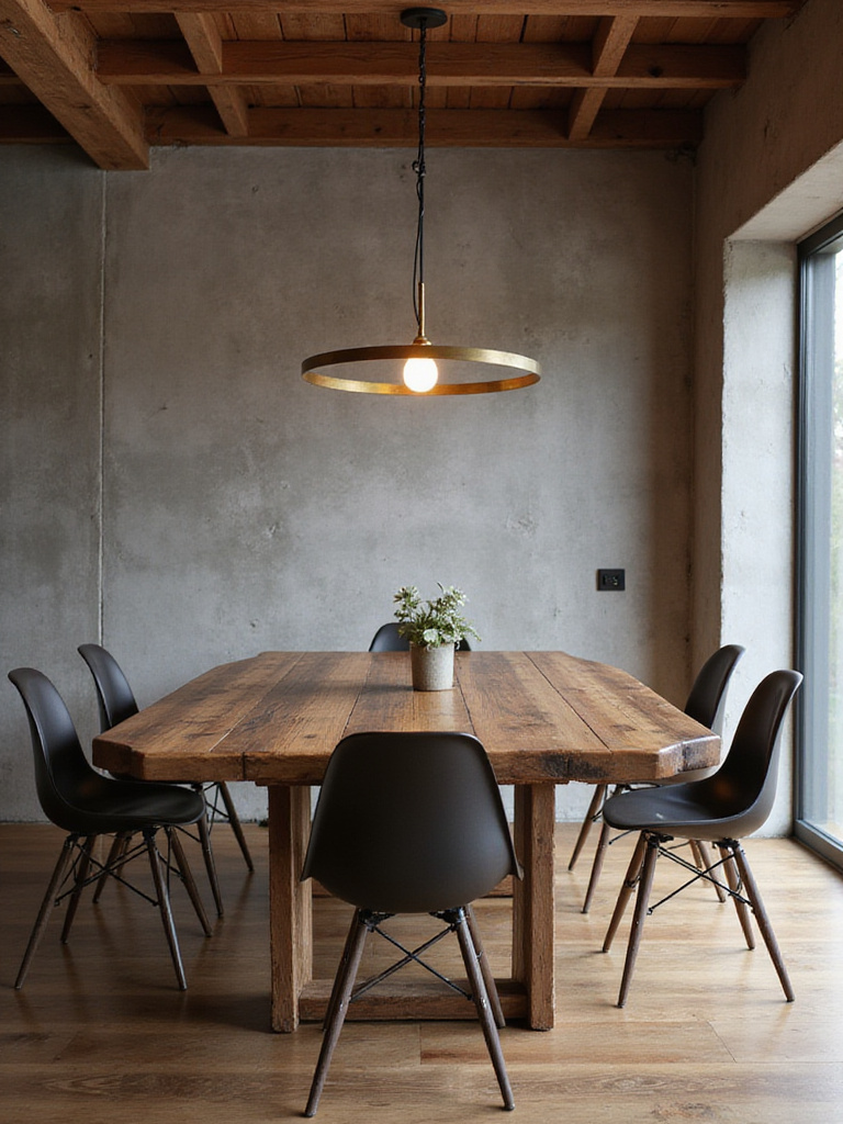 Rustic dining room with modern elements blending reclaimed wood and sleek chairs under modern lighting