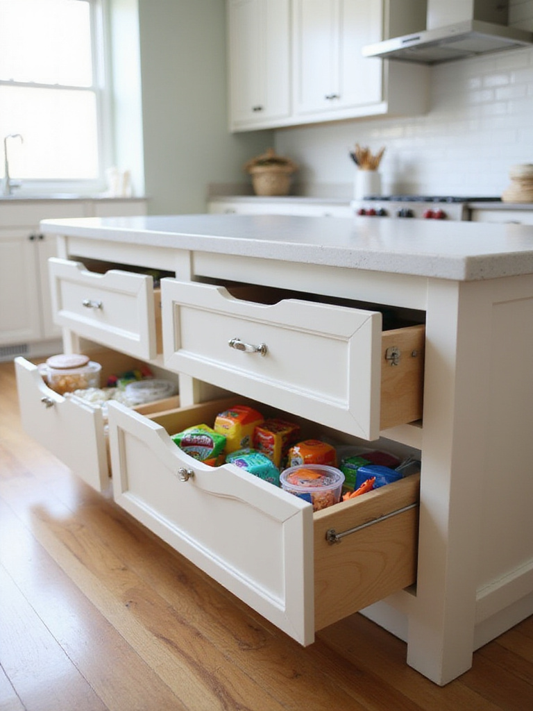 Kid-friendly lower drawers in a kitchen island filled with snacks and art supplies.