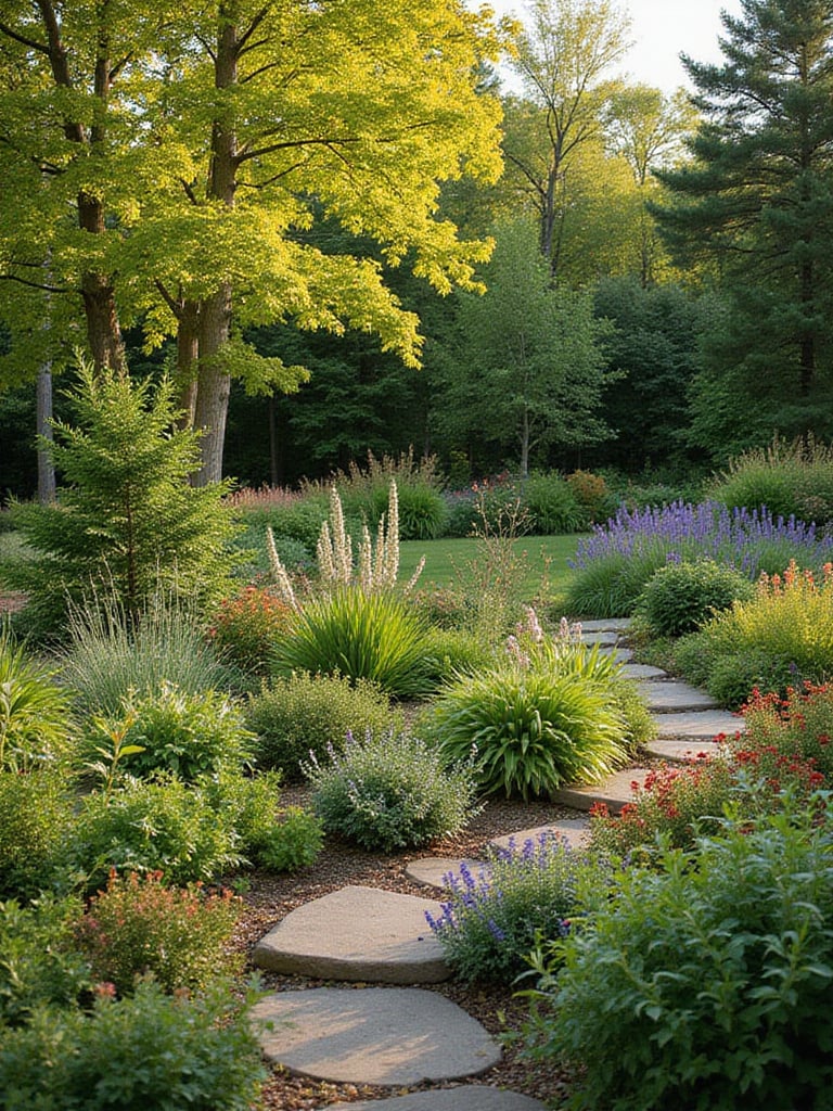 A colorful backyard landscape filled with native plants under soft golden hour sunlight.