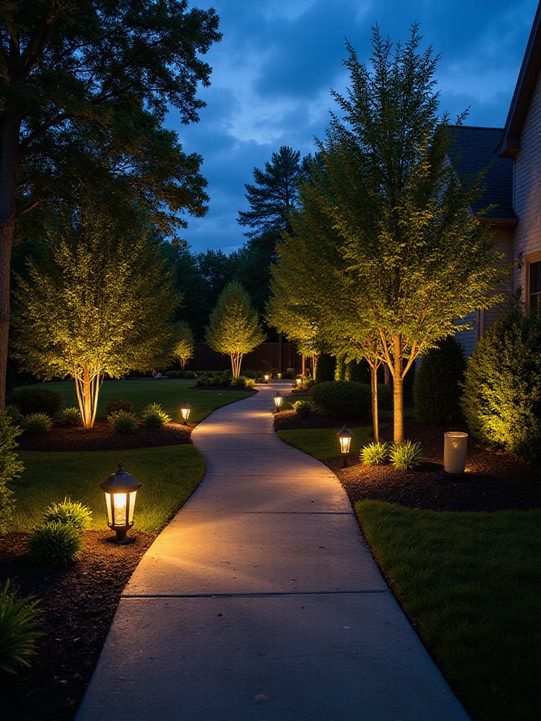 A landscaped backyard at dusk showcasing strategic landscape lighting illuminating pathways and trees.