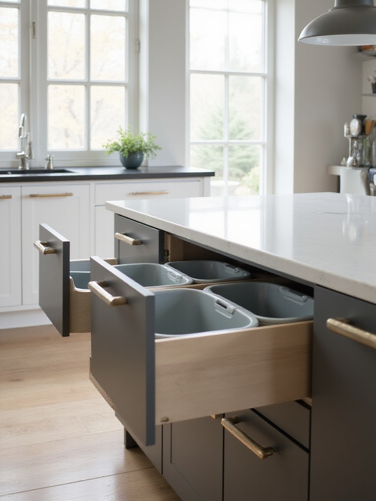 Modern kitchen island with pull-out bins for waste and recycling management