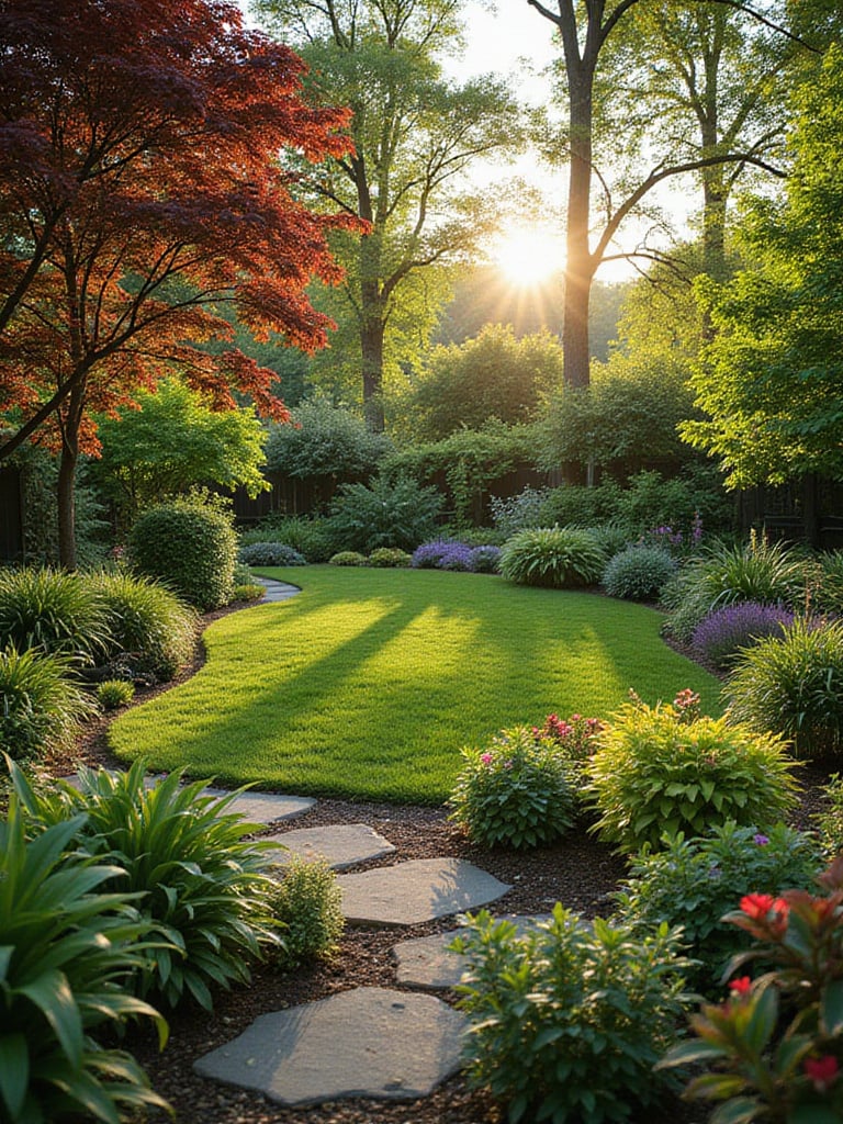 Vibrant backyard landscape showcasing different microclimates with diverse plants in full sun, partial sun, and shade.