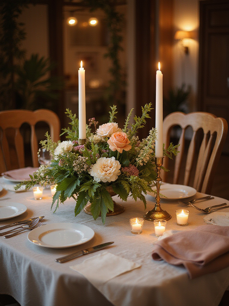 A stunning dining table centerpiece with flowers and candles, softly lit