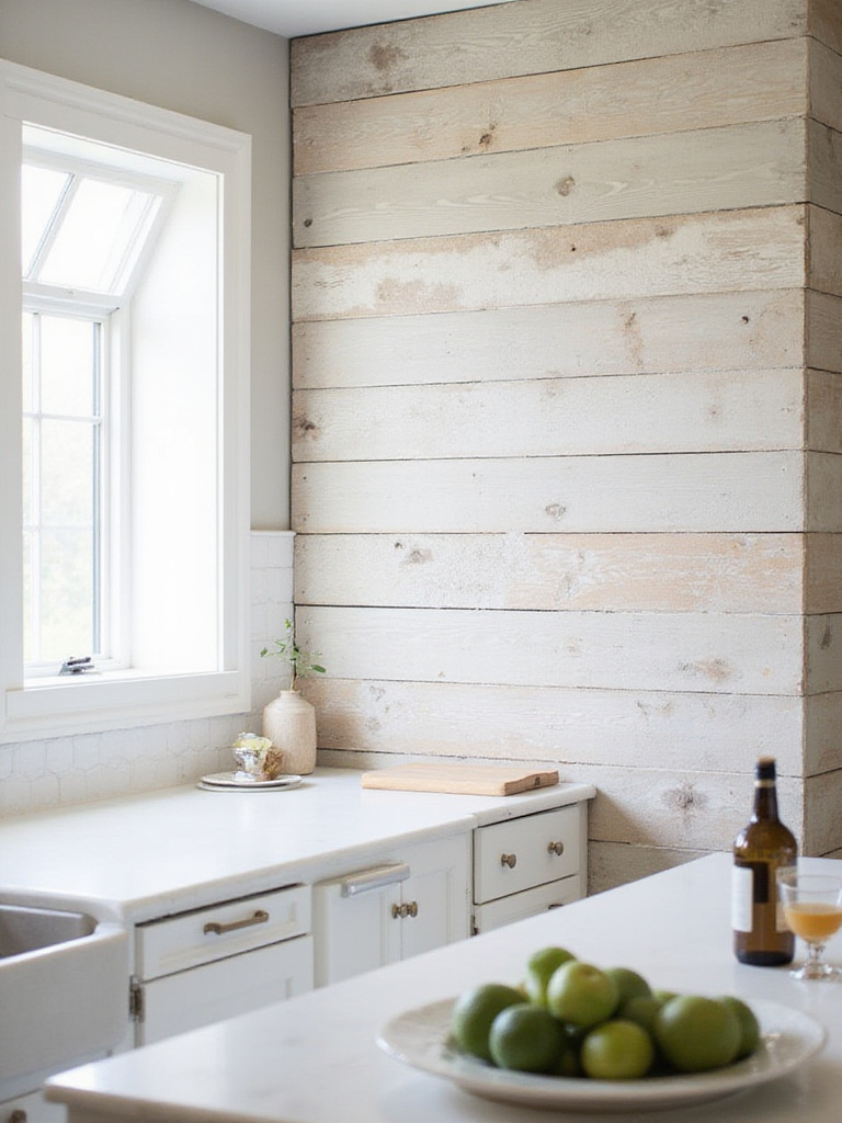 Farmhouse kitchen featuring subway tile and beadboard panel backsplash