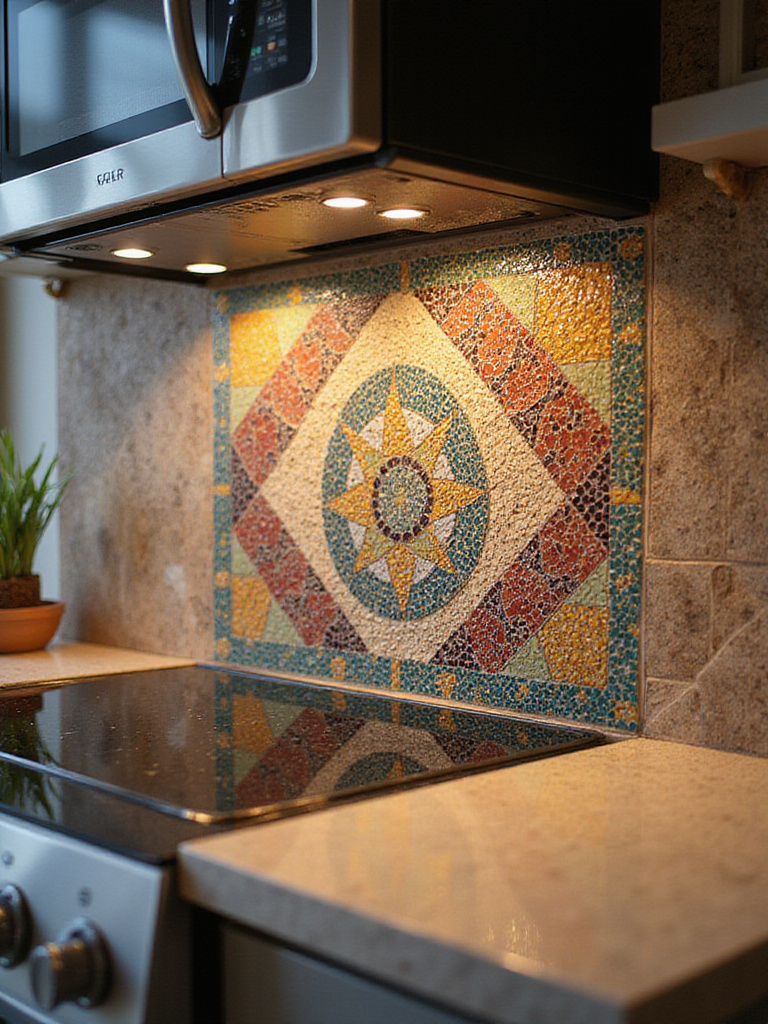 Detailed mosaic tiles creating a vibrant focal point in a kitchen backsplash