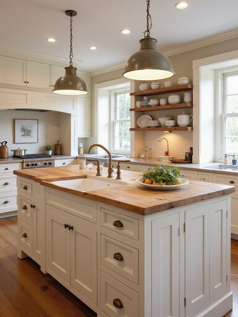 Functional farmhouse kitchen island design with butcher block countertop and prep sink.