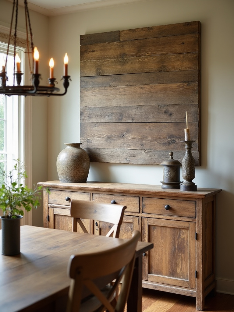 Rustic wall art above a wooden buffet in a cozy dining room