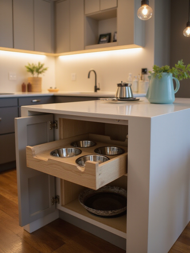 Modern kitchen with a hidden pet feeding station integrated into the island.