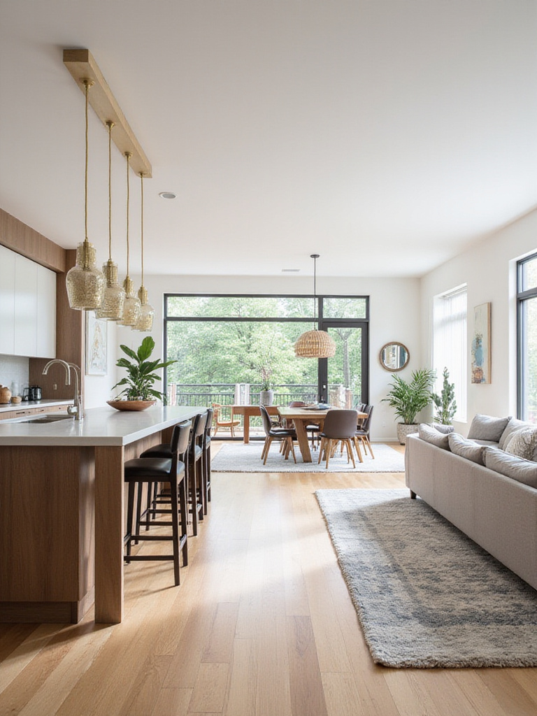 Professional photo of a modern open-concept kitchen and living area showcasing design elements.