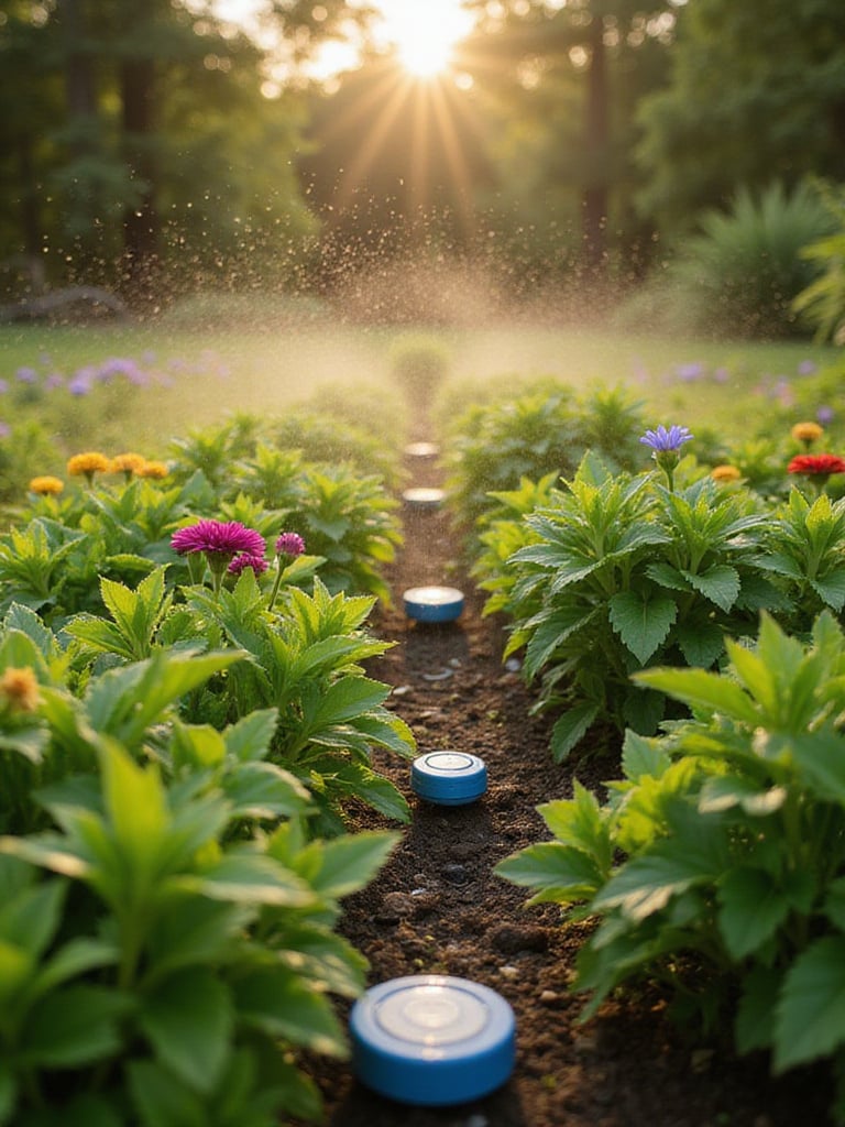 A vibrant backyard garden with smart irrigation system in action, showing healthy plants and soil moisture sensors.