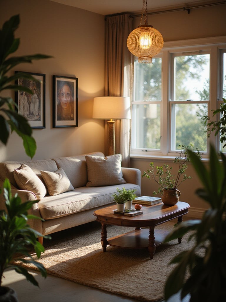 A cozy living room with balanced lighting, showcasing various light fixtures in a warm ambiance.