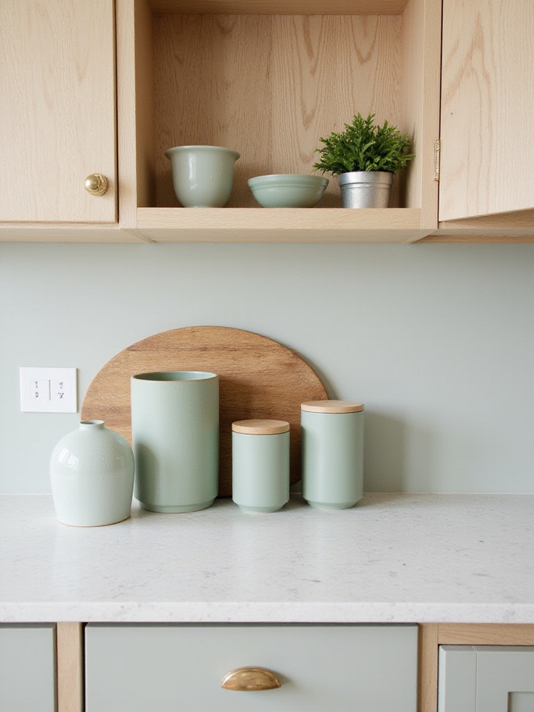 A cohesive kitchen countertop decor featuring a harmonious color scheme of sage green and natural wood.
