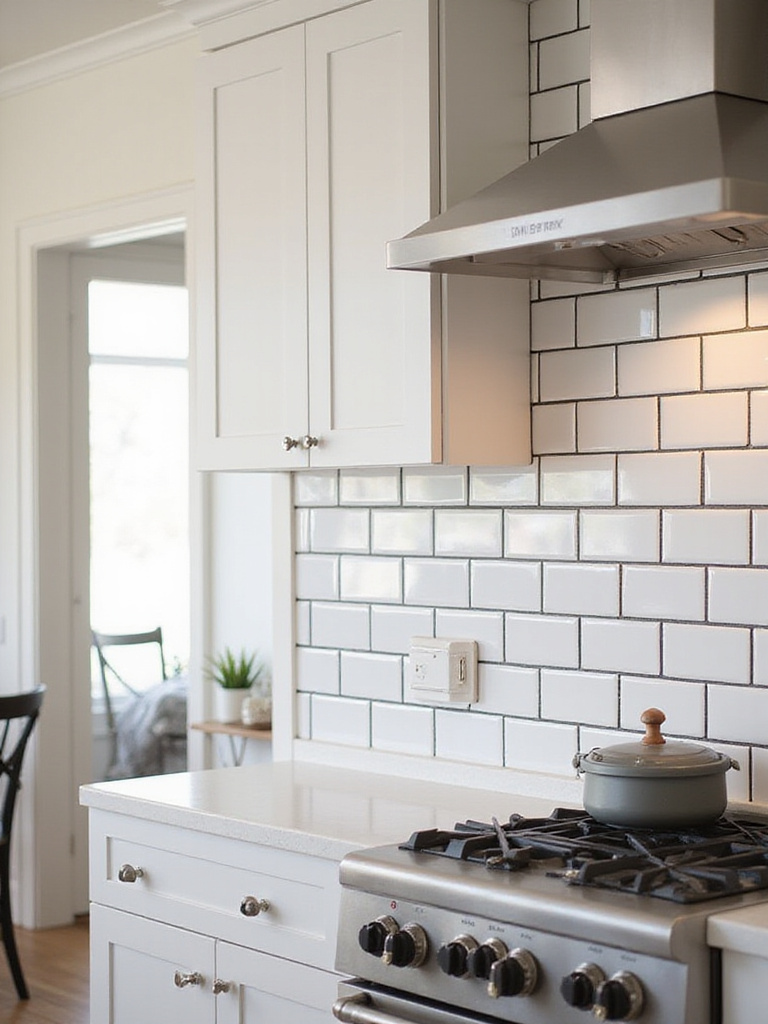 Modern kitchen showcasing classic white subway tiles with contrasting dark grout