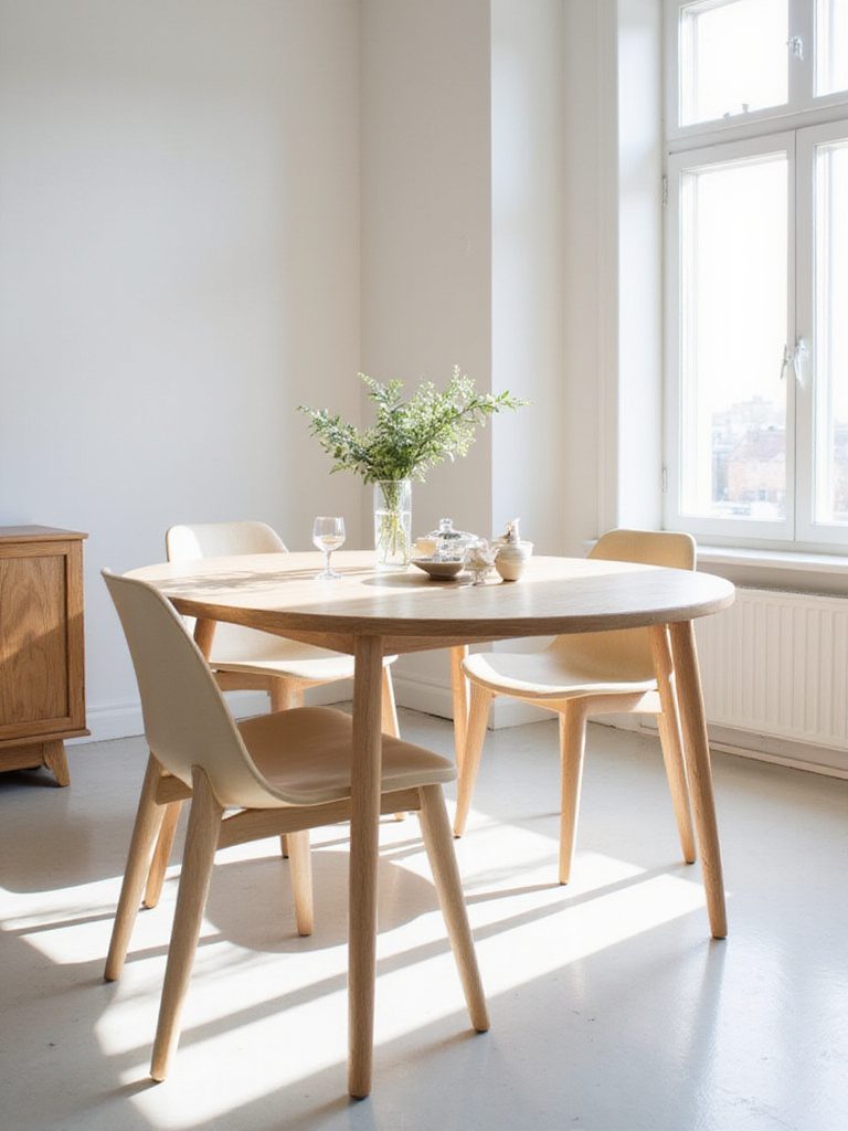 Small dining room with leggy furniture creating an open and airy feel