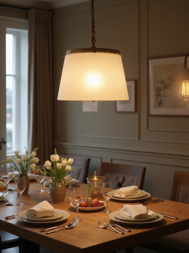 Contemporary dining room with optimal overhead lighting to avoid glare.