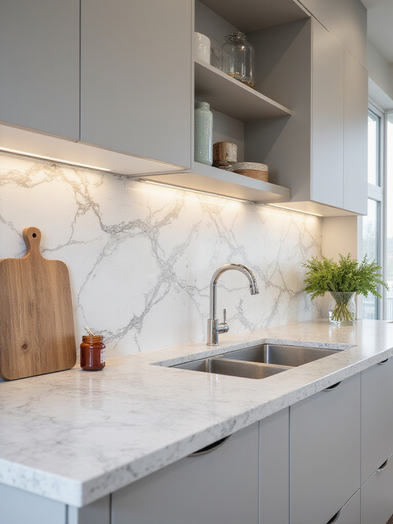 Modern kitchen with full-height backsplash extending from countertop to ceiling, showcasing seamless design and luxury materials.