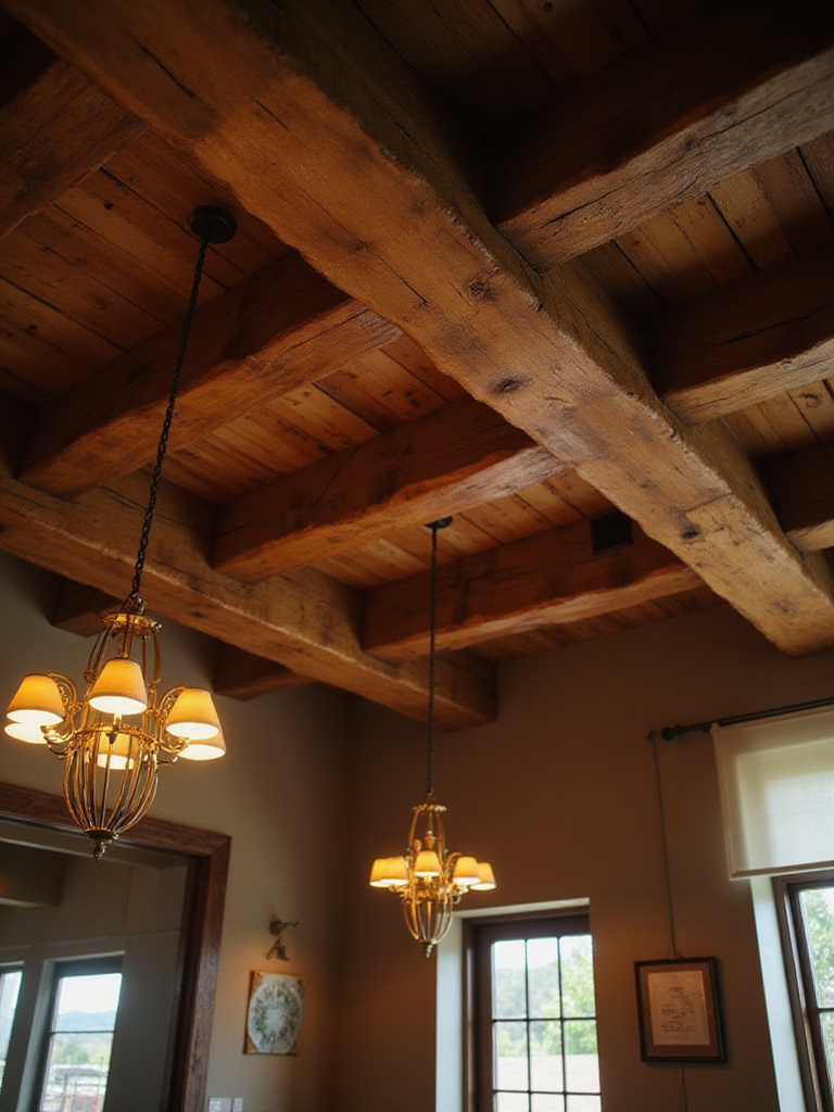 Rustic dining room with exposed wood beams and ambient lighting.