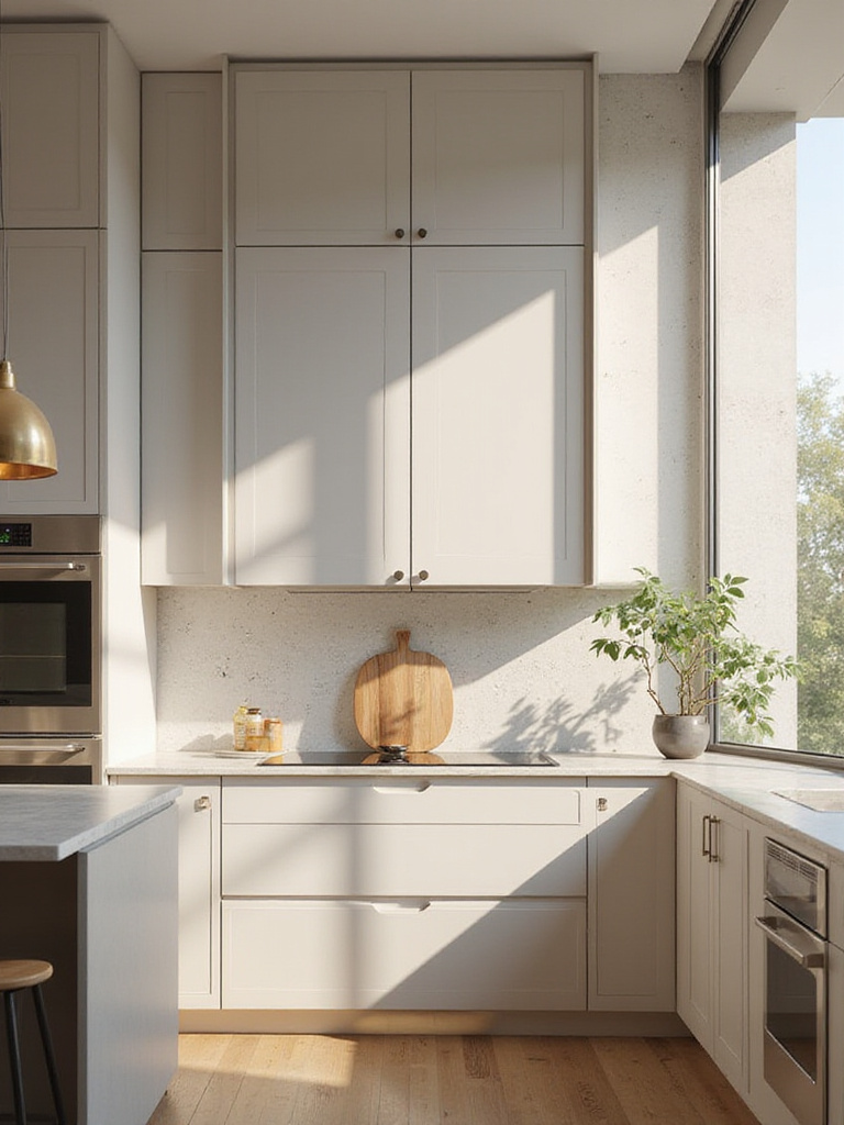 Modern kitchen with minimalist backsplash design showcasing sleek lines and warm lighting.