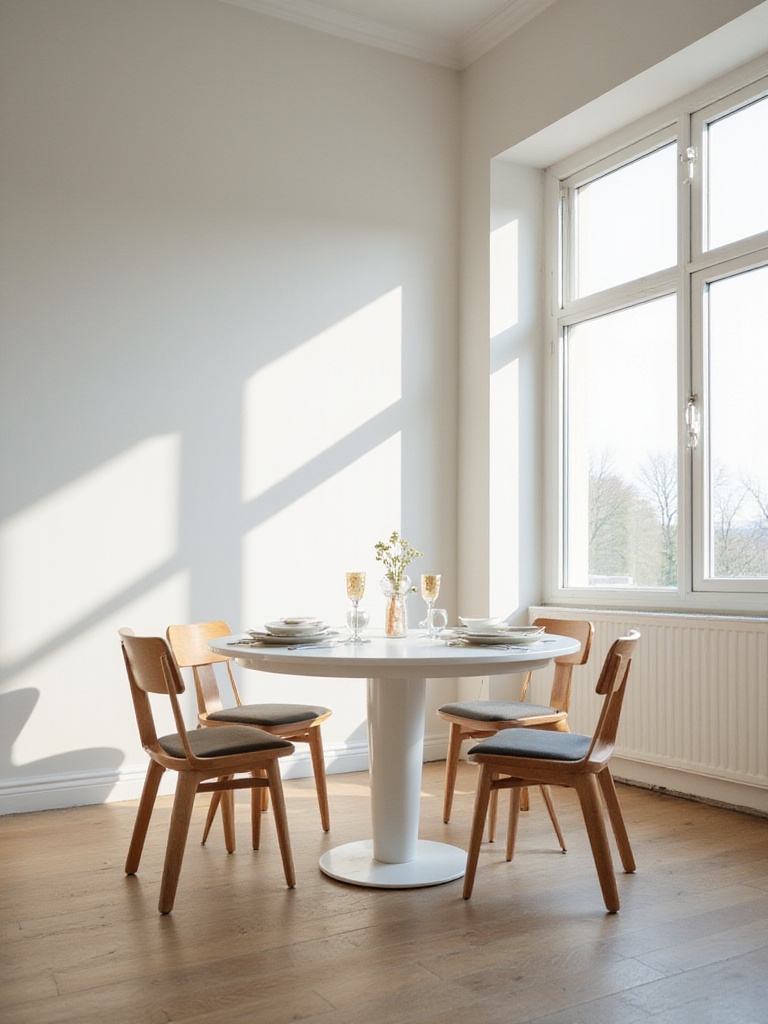 Minimalist dining room with elegant centerpiece and natural light