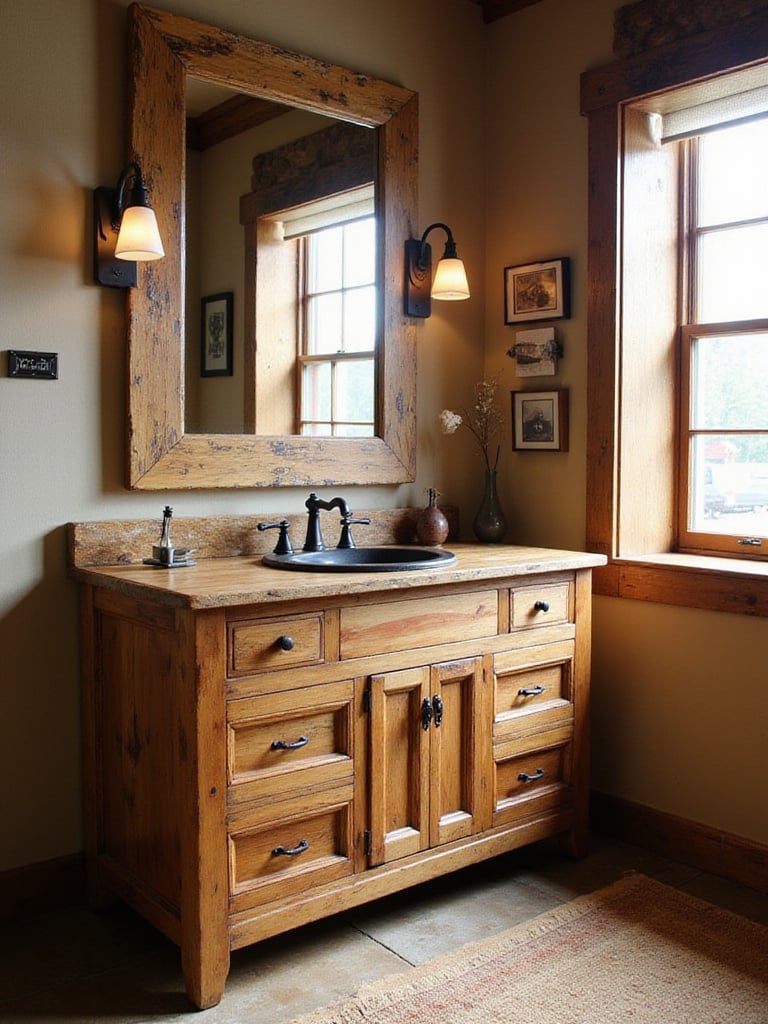 Rustic bathroom with reclaimed wood vanity showcasing unique grains and textures under soft lighting