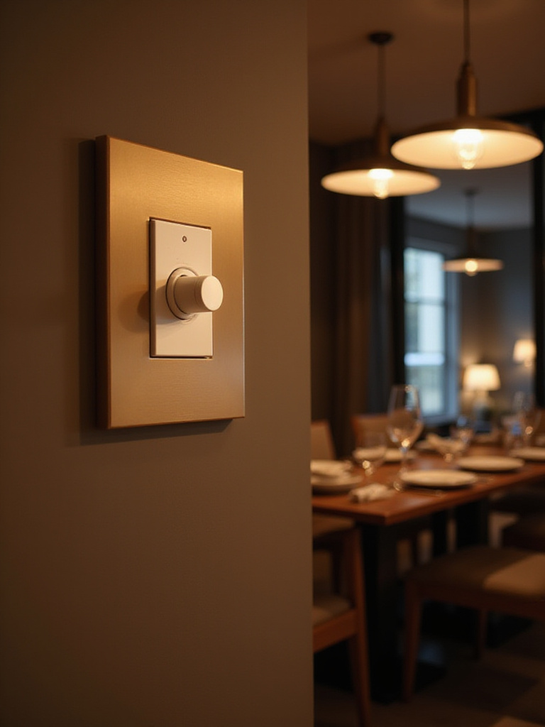 A contemporary dining room featuring smart dimmer switches with ambient lighting.