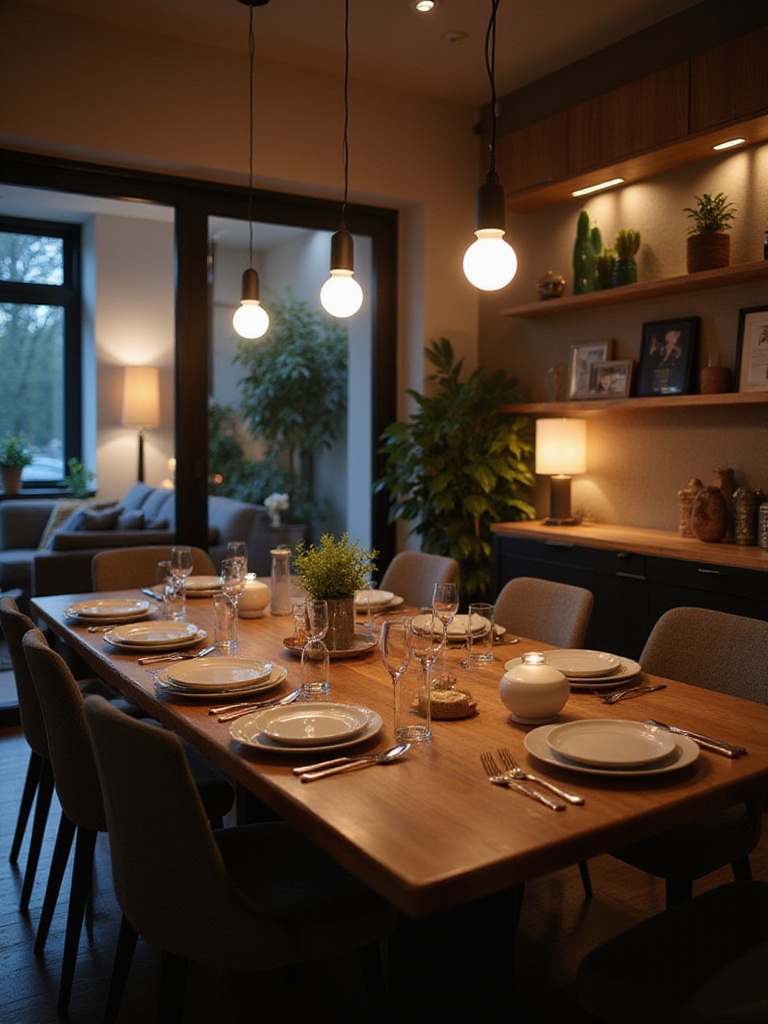 Contemporary dining room showcasing smart lighting control with warm and cool tones.