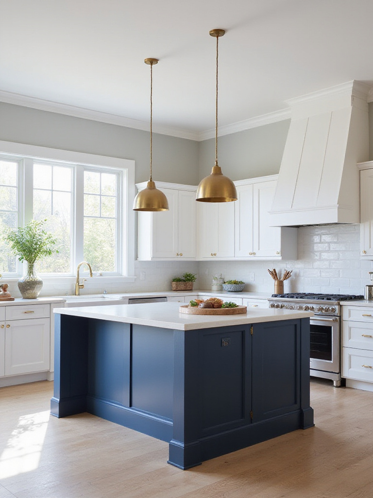 Modern kitchen with neutral colors and bold accents, featuring a navy island and brass lighting.