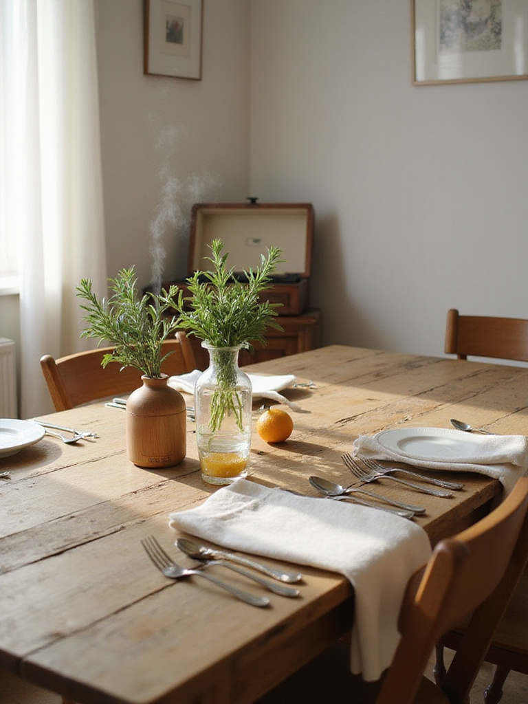 Elegant dining room with subtle scent diffuser and classical music player