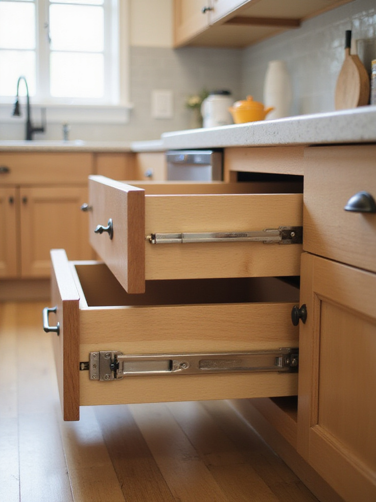 A kitchen cabinet showcasing high-quality drawer slides with a focus on their weight capacity and functionality.